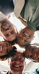 Business people, face and team in circle at office with smile, low angle and support with diversity. Group, men and women with portrait, excited and happy for synergy, collaboration and solidarity