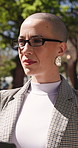 Laptop, thinking and business woman at park for sustainability research, email or problem solving. Computer, worker and person outdoor for planning, ESG report and reflection for environmental audit