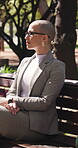 Thinking, calm or businesswoman in park with fresh air, inspiration or mindfulness on work break. Reflection, breathing or person on bench with free time, perspective or daydreaming on career goals.