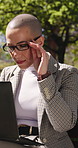 Laptop, reading and businesswoman outdoor in park with research for legal case on conservation. Technology, glasses and environmental lawyer with computer for email feedback on eco friendly project.