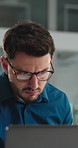 Laptop, business and man reading in office for insurance coverage, planning and risk assessment. Computer, review and broker in workplace for claims policy, research and check email for premium