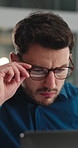 Laptop, glasses or businessman reading at work for insurance coverage, planning or risk assessment. Computer, review and broker in office for claims policy, research and check email for premium