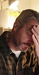 Headache, night or man in office with glasses, frustration or update mistake in task management. Fatigue, migraine pain or mature employee with tech, poor report review or overworked in late shift.