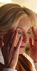 Headache, night or woman in agency with pressure, frustration or tiredness in evening shift. Fatigue, migraine pain or mature employee in workplace with tension, exhausted or brain fog in overtime.