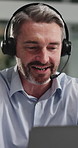 Mature, businessman and night with consultant, headset or laptop for online advice in office. Man, agent or working late with mic on computer for virtual assistance, support or help in workplace