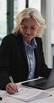 Signature, laptop and businesswoman in office with documents for approval of finance contract. Paperwork, computer and mature female financial manager with email feedback on investment proposal.