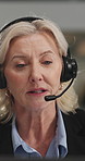 Businesswoman, talk and telemarketing in office with advice, life insurance or financial service tips. Mature, person and discussion in workplace with lead generation, market survey or policy update.