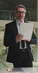 Review, specs or man in firm with document, budget or data analysis for funding pitch. Stats, reading or mature finance consultant with report, forecast or audit evaluation for investment proposal


