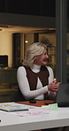 Night, woman and applause in office with meeting, laptop or success for marketing campaign deadline. Happy, mature person and clap in agency with computer, advertising project submission or work late