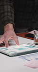Hands, business people and tablet screen with graphs for feedback, management or story engagement. Publishing agency, team and analysis with digital tech for report, topics review or blog planning