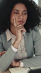 Laptop, idea and business woman in office, reading report or think of insurance review for project. Computer, planning and advisor in company to check email, problem solving or risk management policy