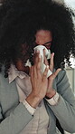 Businesswoman, sneeze and blowing nose in office with tissue, influenza or sinus infection from burnout. Sick, African person and toilet paper in workplace for hayfever, virus symptoms or congestion.