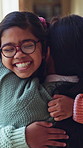 School, hug and children in hallway with teacher excited for education, class and learning together. Academy, happy and students running to educator in corridor for knowledge, greeting and lesson