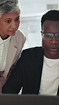 Advice, manager or people in office with laptop, discussion or director feedback on business pitch. Flare, mentor or employee in agency with tech, guidance or review insight on company proposal.