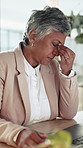 Woman, laptop and headache in office for project deadline, business pressure or tension. Frustrated, mature person and tech with administration, burnout and overworked with brain fog or fatigue