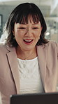 Video call, victory or Asian woman in office with laptop, positive review or pitch approval in webinar. Happiness, flare or mature employee with tech, proposal success or good news in online meeting.