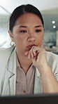 Reading, woman and thinking with laptop in office for proofreading draft, article insight and news. Editor, person and reflection with tech at media agency for story review, fact checking and editing