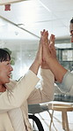 High five, celebration and business women for collaboration, partnership and team building mission. Friends, excited and support for b2b success, startup deal and media project management promotion