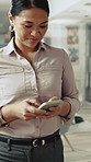 Business, woman and walking with phone on desk for schedule, start work or done break in office. Female person, chatting and laptop with mobile smartphone for tasks, ideas or network in workplace