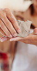 Clay, woman or hands in creative studio with sculpting, ceramic shape or artistic production in workshop. Crafting, person or artisan with mud, modeling process or manufacturing in pottery business.