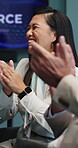Happy, business people or meeting with applause for presentation, congratulations or thank you. Excited, group or employees clapping with smile for good job, well done or project success in workplace