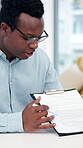 Man, documents and financial advisor in meeting in office for insurance policy, explain contract or premium. Legal paperwork, lawyer and clipboard at workplace for compliance, review plan and advice