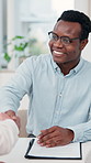Handshake, business and man in meeting, financial advisor for investment planning and consulting. Shaking hands, happiness and people in workplace, contract for mortgage and agreement for trading