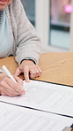 Signature, financial advisor and old woman in home, documents for mortgage and asset management. Business agent consulting with elderly client for insurance policy, writing or pension checklist