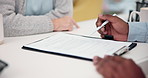 Documents, hands and businessman with client in office for finance contract with loan agreement. Application form, discussion and financial advisor with customer for investment paperwork in workplace