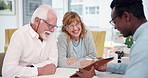 Documents, laugh and businessman with senior couple in home for finance contract with retirement. Application form, discussion and financial advisor with elderly clients for investment paperwork.