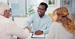 Meeting, handshake and old couple in office with insurance agent, greeting or talk for retirement. Married, senior people and worker shaking hands in agency for policy discussion, planning or welcome