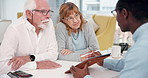 Tablet, conversation and businessman with senior couple in home for online finance contract with retirement. Technology, meeting and financial advisor with elderly clients for investment growth.