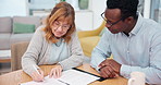 Lawyer, old woman or sign documents in home for last will, asset distribution or legal agreement. Meeting, attorney or senior client with signature for testament consent, approval or terms acceptance