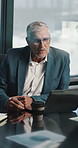 Business, laptop and mature man in meeting for financial report, budget plan and investment. Corporate, boardroom and workers with manager in discussion for finance review, strategy and proposal