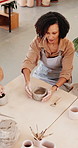 People, clay and mold in pottery class with tools, learning creative skills or teacher for craft hobby. Above, instructor and group in art studio with ceramics workshop, equipment or sculpture lesson