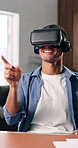 Virtual reality, man and headset in house with internet connection, scroll and gaming online. Male person, happy and 3d interaction with metaverse, vr glasses and futuristic or ai experience in home