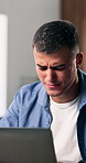 Frustrated, laptop or man with remote work in home, deadline stress or webpage crash for lost proposal. Upset, system glitch or freelancer with pc for project planning, saving error or missing report