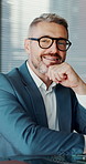 Face, business and man with smile in office for career pride, about us and real estate agent. Portrait, mature person and consultant with ambition for auction, realtor experience and property resale