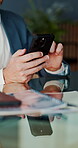 Phone, scroll and hands of business man in office for account manager, contact and research. Trader feedback, communication and online advisor with employee in agency for investor chat and network