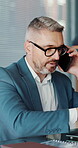 Phone call, glasses and business man in office for account manager, contact or research. Trader feedback, communication and online advisor with mature employee in agency for investor chat and network
