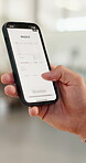 Hands, scroll and person with phone screen in workshop, digital invoice and pottery class membership. Payment request, mobile and ceramics student with registration fee receipt, lesson bill and email