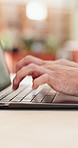 Hands, laptop and typing with business person in office for online planning, report or research. Computer, feedback and review with employee at desk in workplace for administration or management