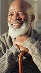 Face, cane and old man in nursing home with smile, positive attitude and relax for retirement break. Happy, senior and black person with disability, wellness and optimistic for arthritis recovery.