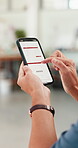 Hands, invoice and phone screen with person in small business boutique for administration or sales. Bill, display and scrolling with store owner in studio startup for checking, feedback or review