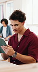 Man, typing and email in small business with tablet, online report and planning for creative project. Coworking, person and research in office with tech, company website or check proposal for startup