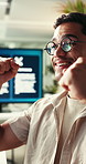 Tablet, celebration and businessman with surprise in office for goal, web design target or fist pump. Tech, wow and creative person in workplace with feedback success, software launch and excited