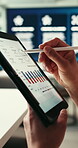 Finance, hands and tablet screen with statistics in office for review of stock market investment. App, charts and data with financial person reading portfolio information in workplace for growth