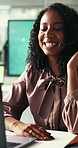 Woman, happy and headset with laptop at office for climate consulting, insight or review for sustainability. Person, agent or advisor on voip mic, discussion or call center for eco friendly business