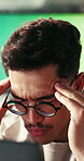 Headache, stress or man with laptop in agency, mental fatigue or overwhelm for eco policy deadline. Migraine, discomfort or tired person with pc for green proposal, temple massage or project pressure