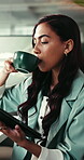 Coffee, tablet and planning with business woman in office for campaign research, email and review. Digital agency, seo report and reading with person in agency for project manager and branding update